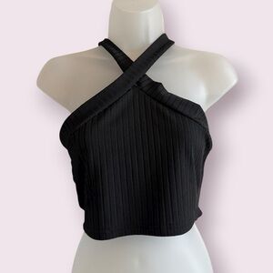 SHEIN Black Ribbed Cross-Neck Halter Crop Top - Size L